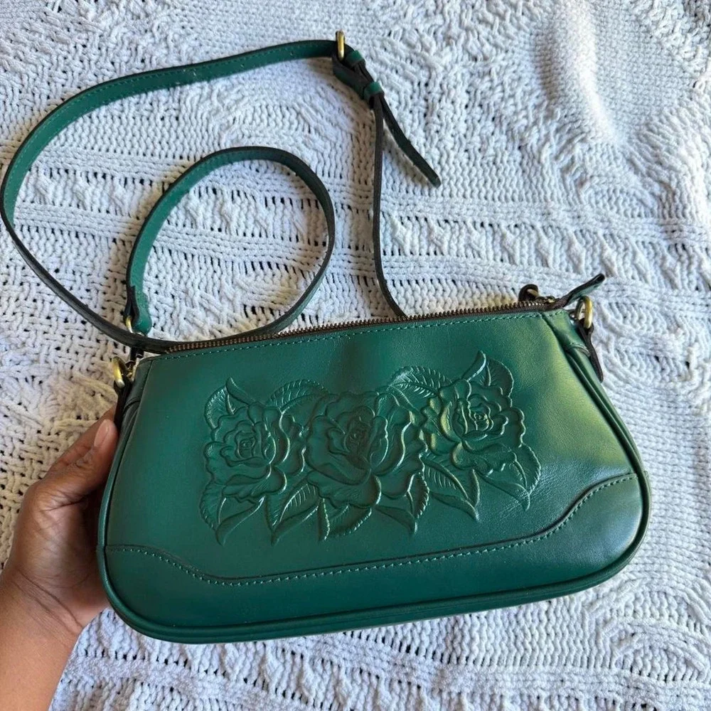 Patricia Nash Green Leather Floral Embossed Crossbody Shoulder Bag
